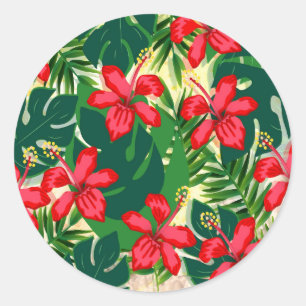Tropical colorful jungle hibiscus red and green classic round sticker