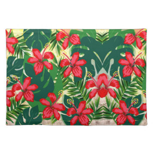 Tropical colorful jungle hibiscus red and green cloth placemat