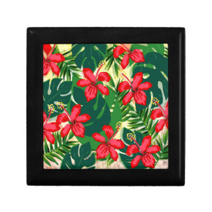Tropical colorful jungle hibiscus red and green gift box