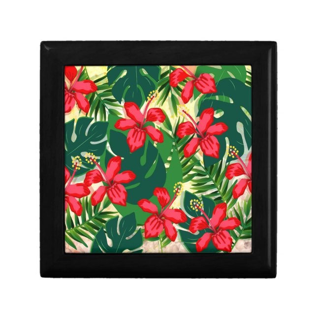 Tropical colorful jungle hibiscus red and green gift box (Front)