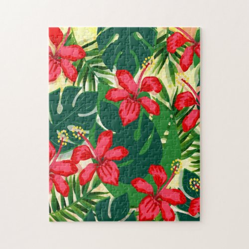 Tropical colorful jungle hibiscus red and green jigsaw puzzle