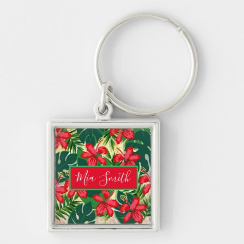 Tropical colorful jungle hibiscus red and green keychain