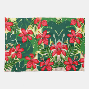 Tropical colorful jungle hibiscus red and green kitchen towel