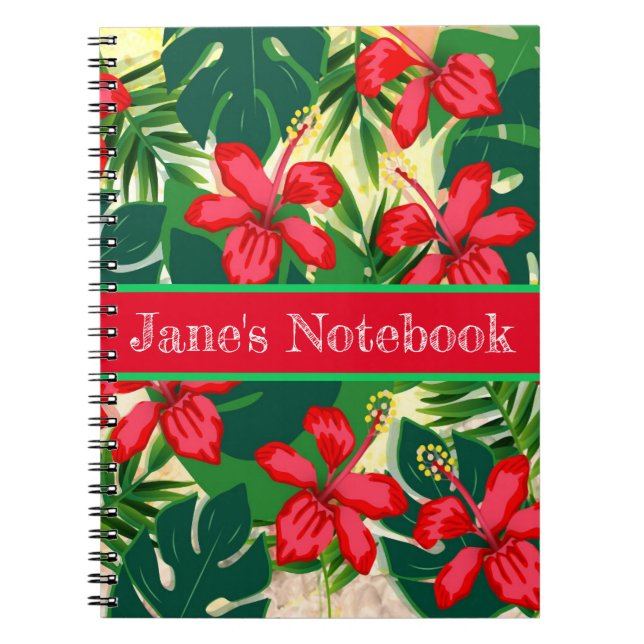 Tropical colorful jungle hibiscus red and green notebook (Front)