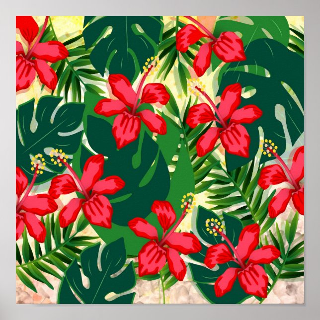 Tropical colorful jungle hibiscus red and green poster (Front)