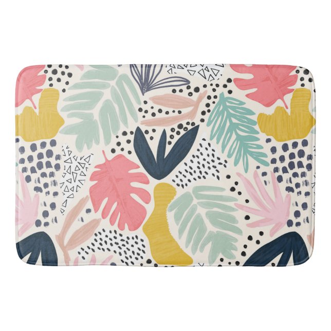 Tropical Colorful Leaf and Flowers Pattern Bath Mat (Front)