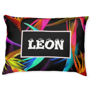 Tropical Colorful Pattern Black Custom Name Pet Bed