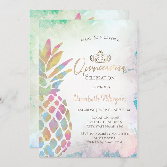 Tropical Colorful Pineapple Palm Summer Invitation (Front/Back)