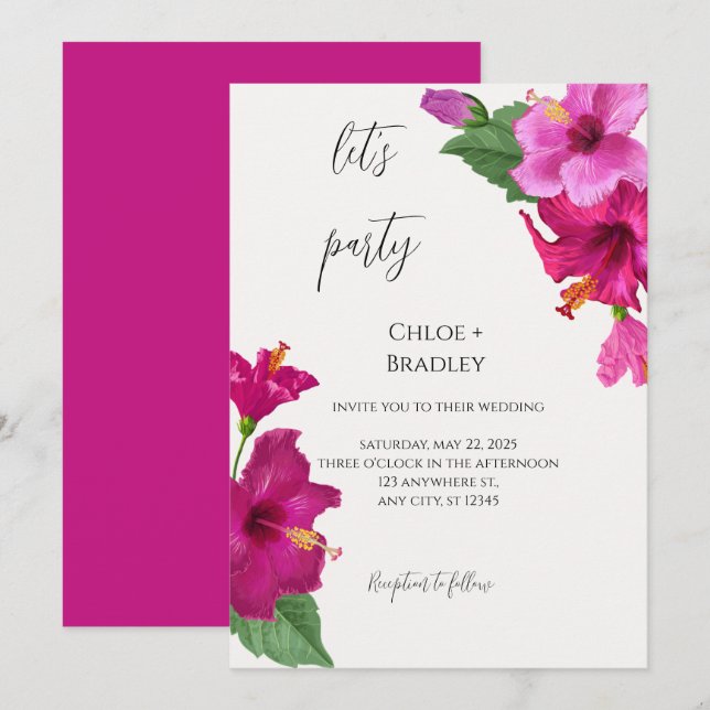 Tropical Colorful  Pink Floral Hibiscus Wedding  Invitation (Front/Back)