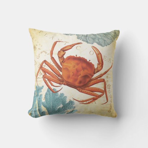 Tropical Colorful Red Crab and Coral Throw Pillow