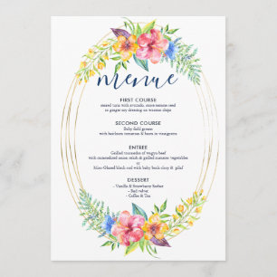 Tropical colors flowers bouquet gold frame menu