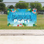 Tropical Cool Pool Party | Kids Birthday Banner<br><div class="desc">Is your child having a Pool Party? Then check out this cool summer pool party banner featuring clear blue water,  inflatables,  tropical leaves,  yellow flowers and a trendy birthday template that can easily be personalized.</div>