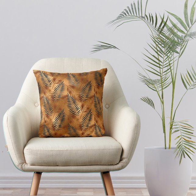 Tropical Copper Gray Palm Leaves Throw Pillow (Creator Uploaded)