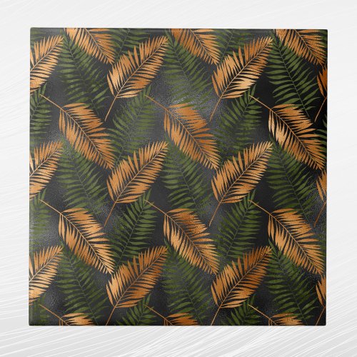 Tropical Copper Green Palm Leaves Ceramic Tile