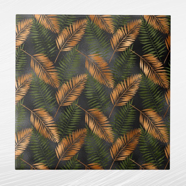Tropical Copper Green Palm Leaves Ceramic Tile (Creator Uploaded)