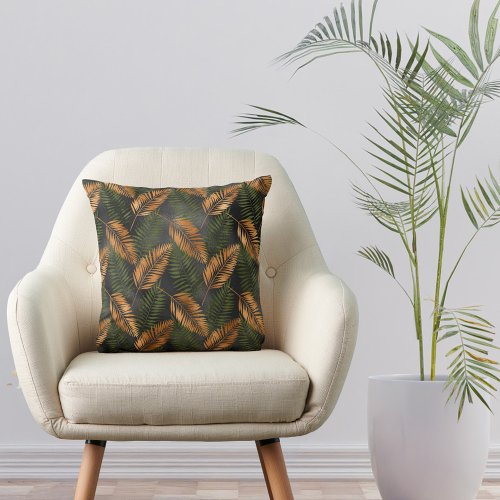 Tropical Copper Green Palm Leaves Throw Pillow