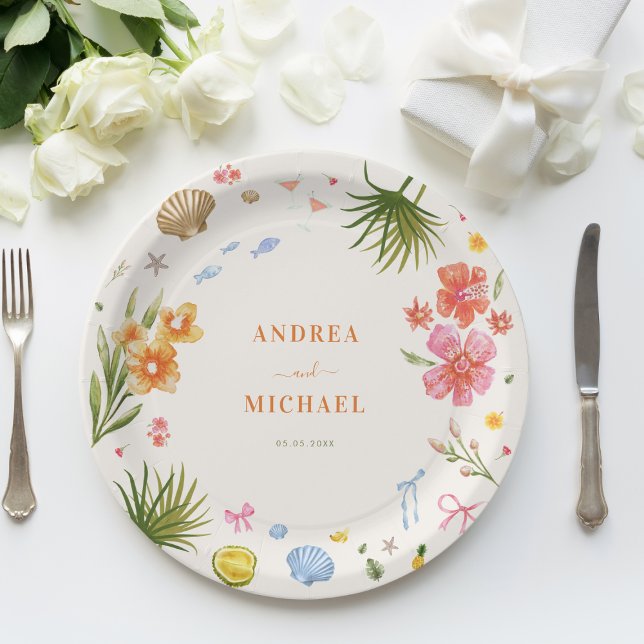 Tropical Coquette Seashells Bows Palm Tree Wedding Paper Plates (Creator Uploaded)