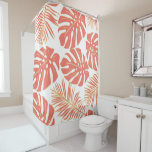 Tropical coral and gold monstera and  palm leaves shower curtain