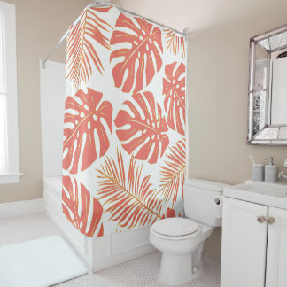 Tropical coral and gold monstera and  palm leaves shower curtain