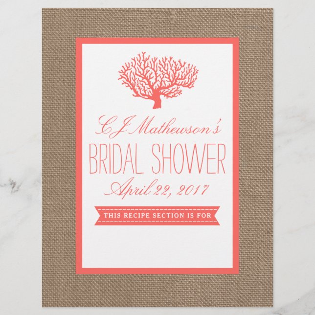 Tropical Coral Beach Bridal Shower Recipe Divider (Front)