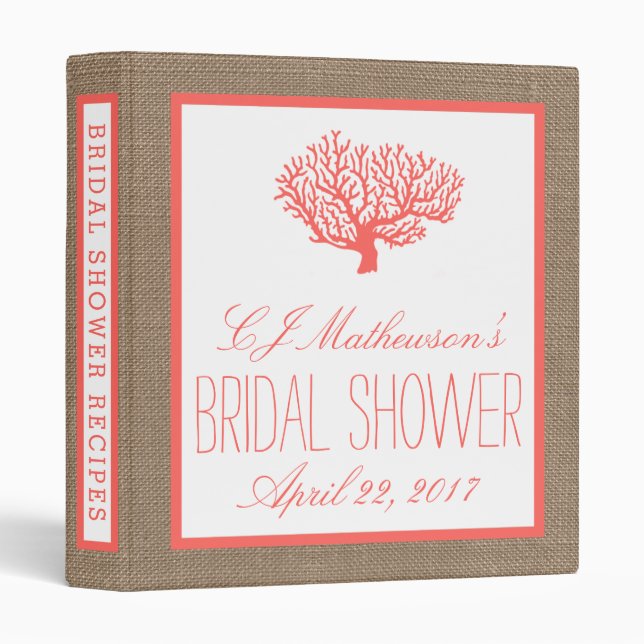Tropical Coral Beach Burlap Bridal Shower Recipe Binder (Front/Spine)