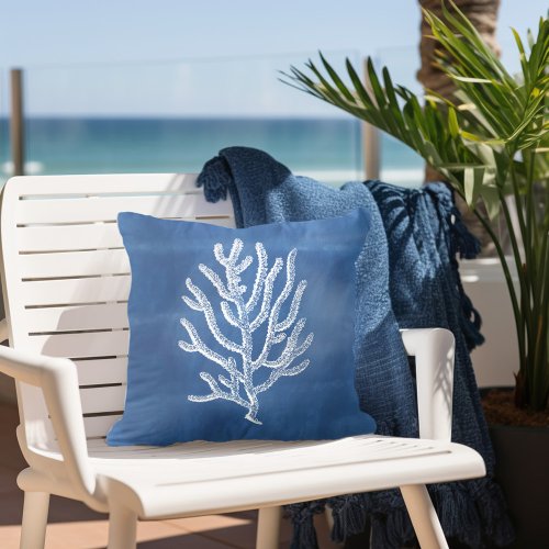 Tropical Coral Blue White Outdoor Pillow