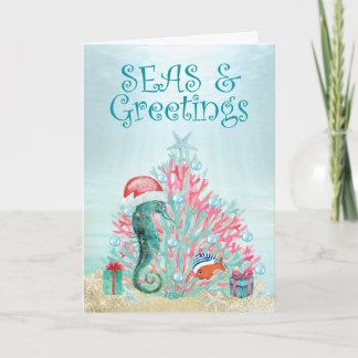 Tropical Coral Christmas Tree Seas and Greetings Holiday Card