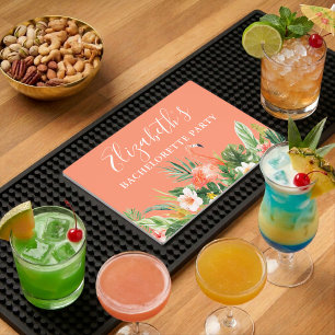 Tropical Coral Floral Bachelorette Party Bar Mat