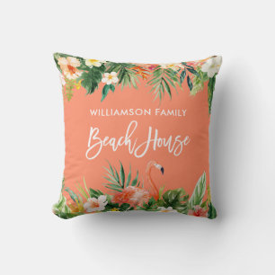 Tropical Coral Floral Brush Script Beach House Throw Pillow