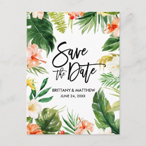 Tropical Coral Floral Brush Script Save the Date Postcard