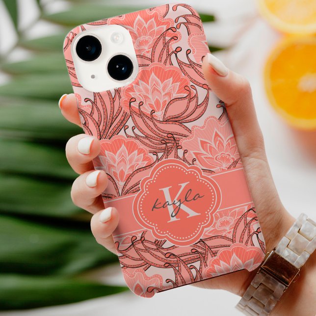 Tropical Coral Floral Pattern with Monogram Case-Mate iPhone Case (Creator Uploaded)