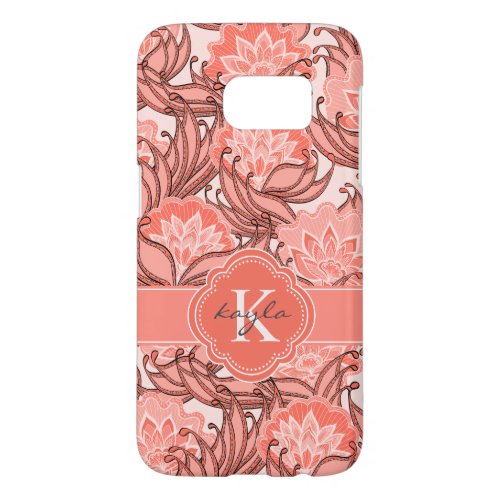 Tropical Coral Floral Pattern with Monogram Samsung Galaxy S7 Case