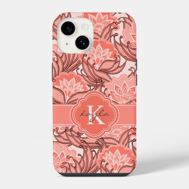 Tropical Coral Floral Pattern with Monogram Iphone Case (Back)