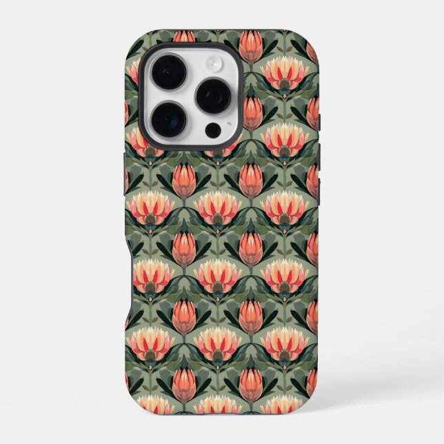 Tropical Coral Green Protea Pattern iPhone Case (Back)