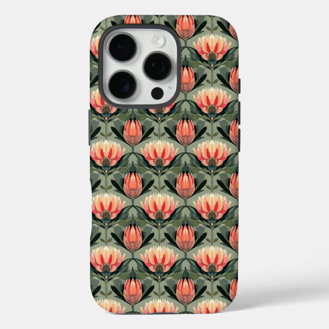 Tropical Coral Green Protea Pattern iPhone Case (Back)