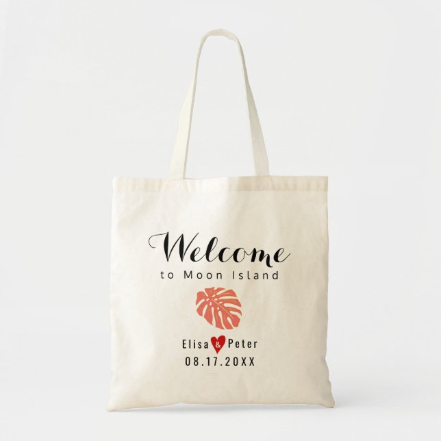 Tropical coral leaf destination wedding welcome tote bag (Front)