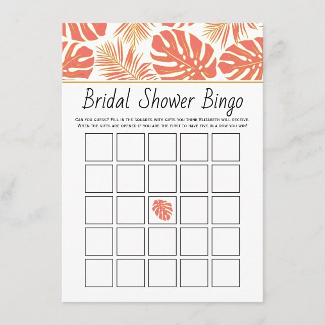 Tropical coral leaves bridal shower bingo game enclosure card (Front)