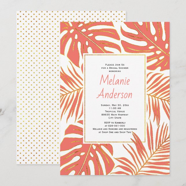 Tropical coral leaves wedding bridal shower invitation (Front/Back)