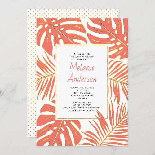 Tropical coral leaves wedding bridal shower invitation