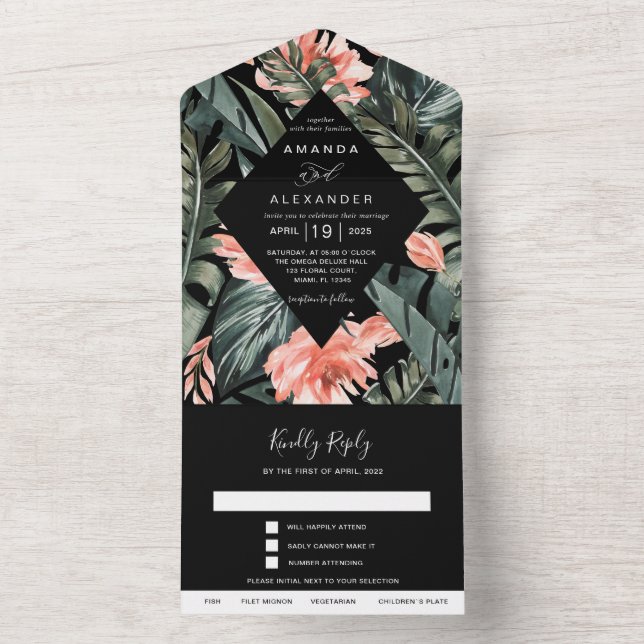 Tropical Coral | Monstera Palm Black Wedding All In One Invitation (Inside)