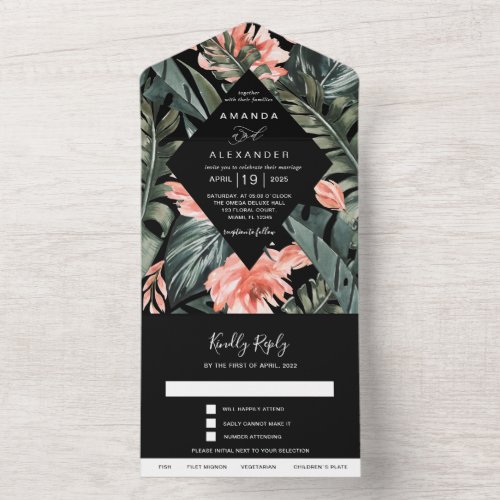 Tropical Coral  Monstera Palm Black Wedding All In One Invitation