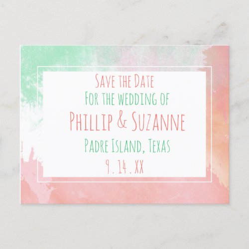 Tropical Coral Neo Mint Watercolor Save the Date Announcement Postcard