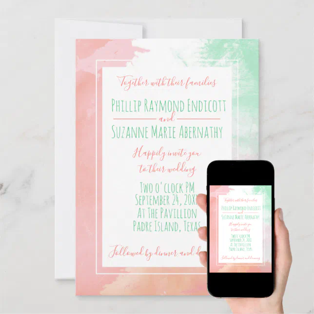 Tropical Coral Neo Mint Watercolor Wedding Invitation | Zazzle