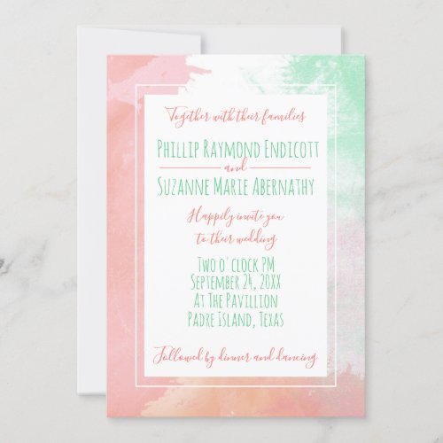 Tropical Coral Neo Mint Watercolor Wedding Invitation