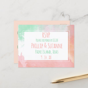 Tropical Coral Neo Mint Watercolor Wedding RSVP Announcement Postcard