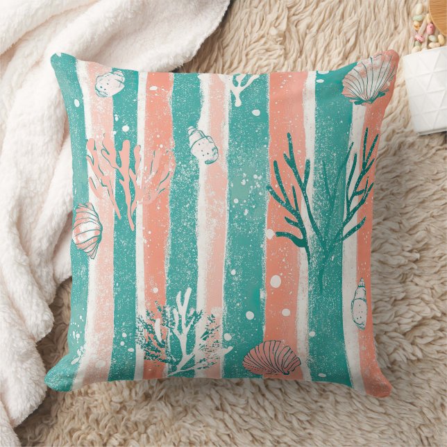 Tropical Coral Ocean Pattern Throw Pillow (Blanket)