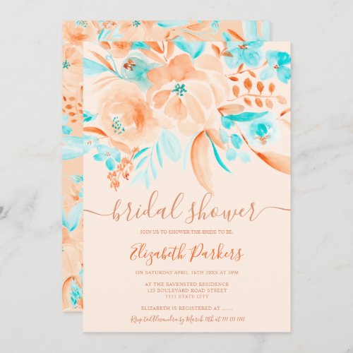tropical coral orange teal floral bridal shower invitation