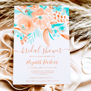 tropical coral orange teal floral bridal shower invitation