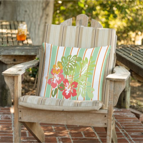 Tropical Coral Pink Hibiscus GreenOrange Stripes Outdoor Pillow