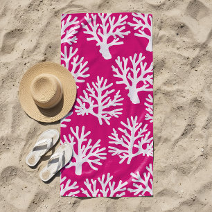 Tropical Coral Pink White Beach Towel